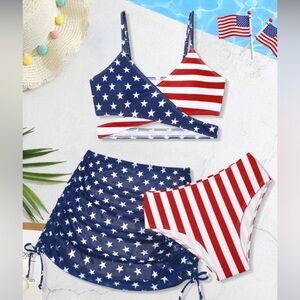 ~3Piece Bathing Suit Allover Printed Criss Cross Bikini Set with Cover Up Skirt~